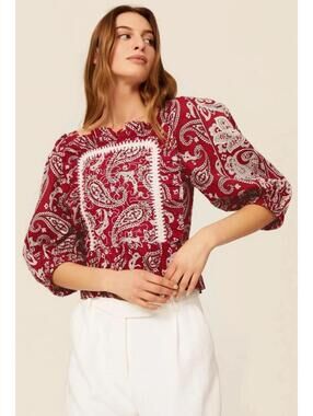 SEA New York Red Paisley Bandana Embroidered Open Back Theodora Top Size Med